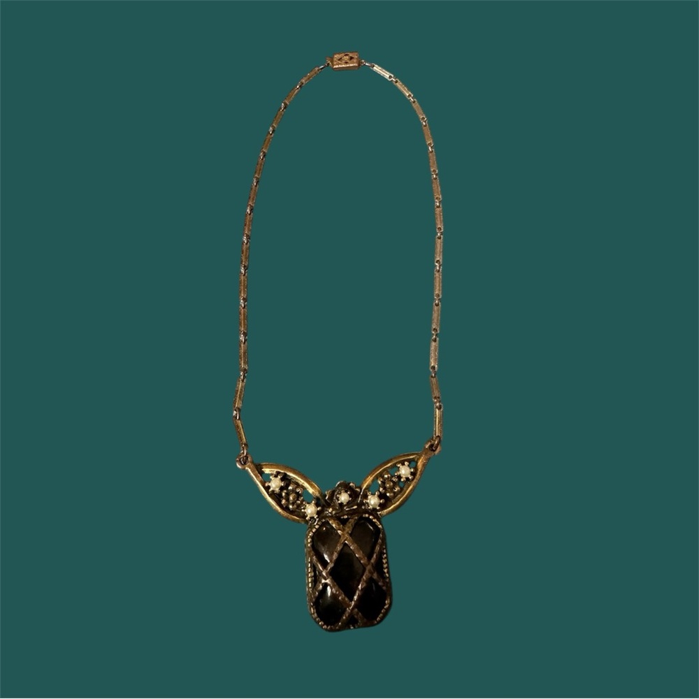 Elegant Metal and Black Pendant Necklace with Faux Pearl Accents, Vintage